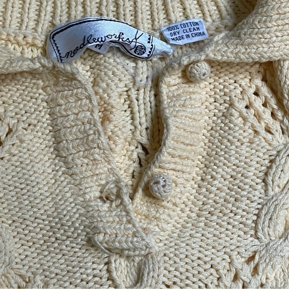 NEEDLEWORKS vintage yellow cable knit short sleeve polo sweater size medium - Picture 5 of 6